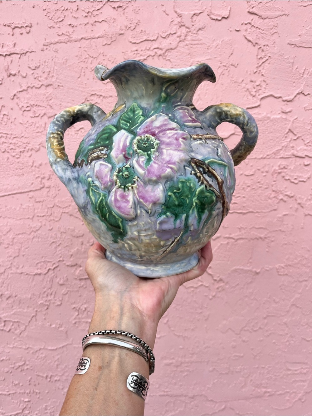 Vintage Weller Pottery Silvertone Floral  Vase with Swirled Handles Art Flaw